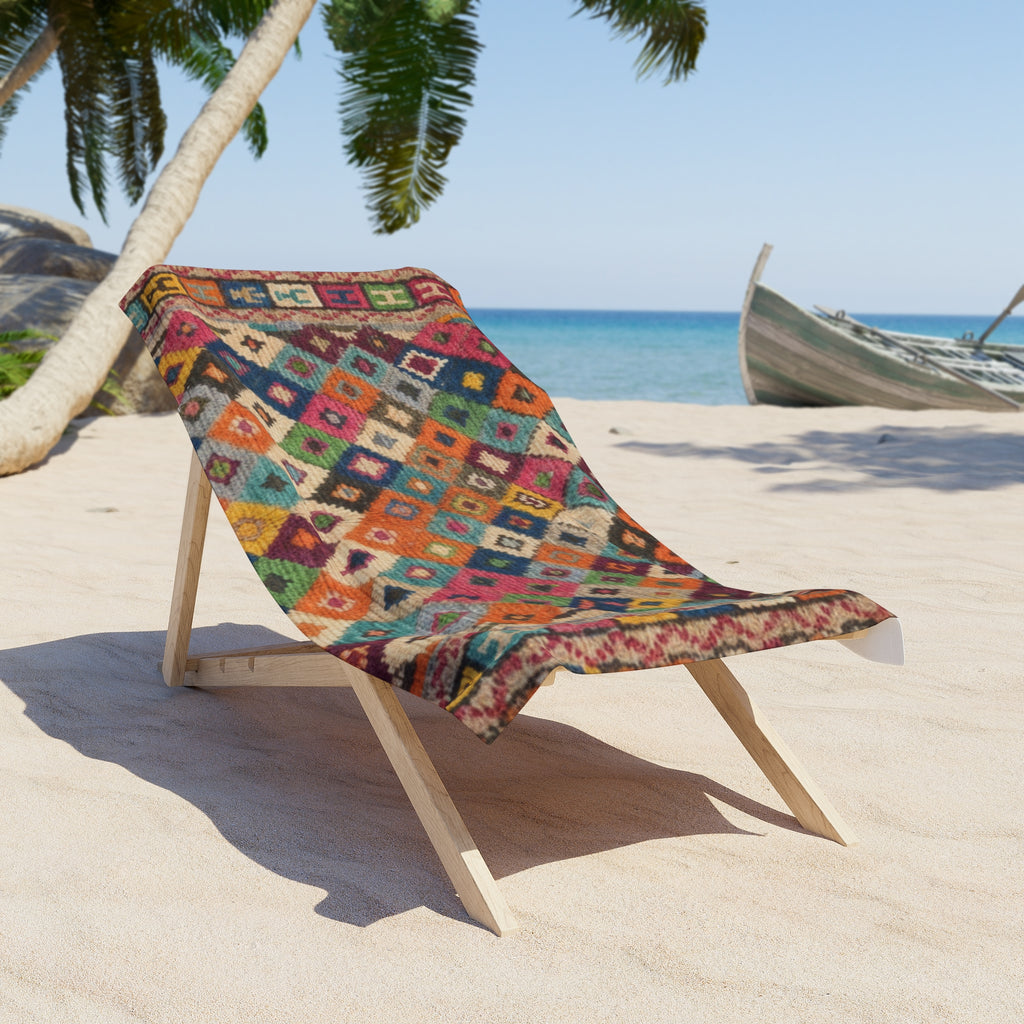Boho Kilim Diamond Pattern Beach Towel | Colorful Tribal Print
