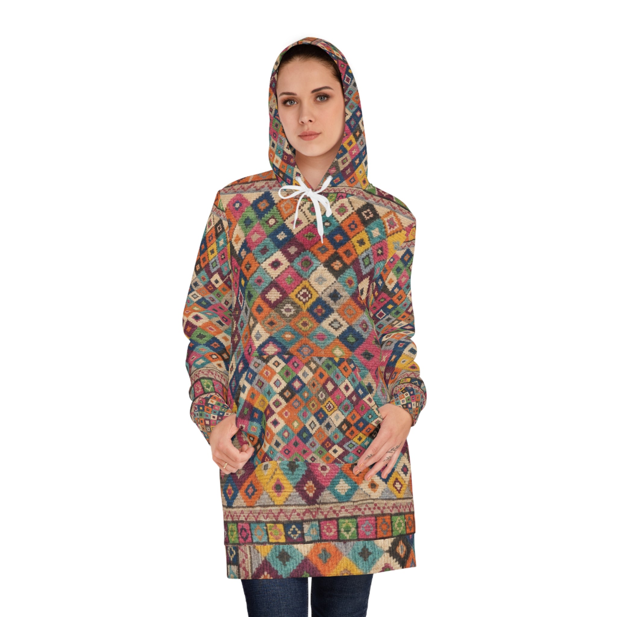 Boho Diamond Pattern Hoodie Dress
